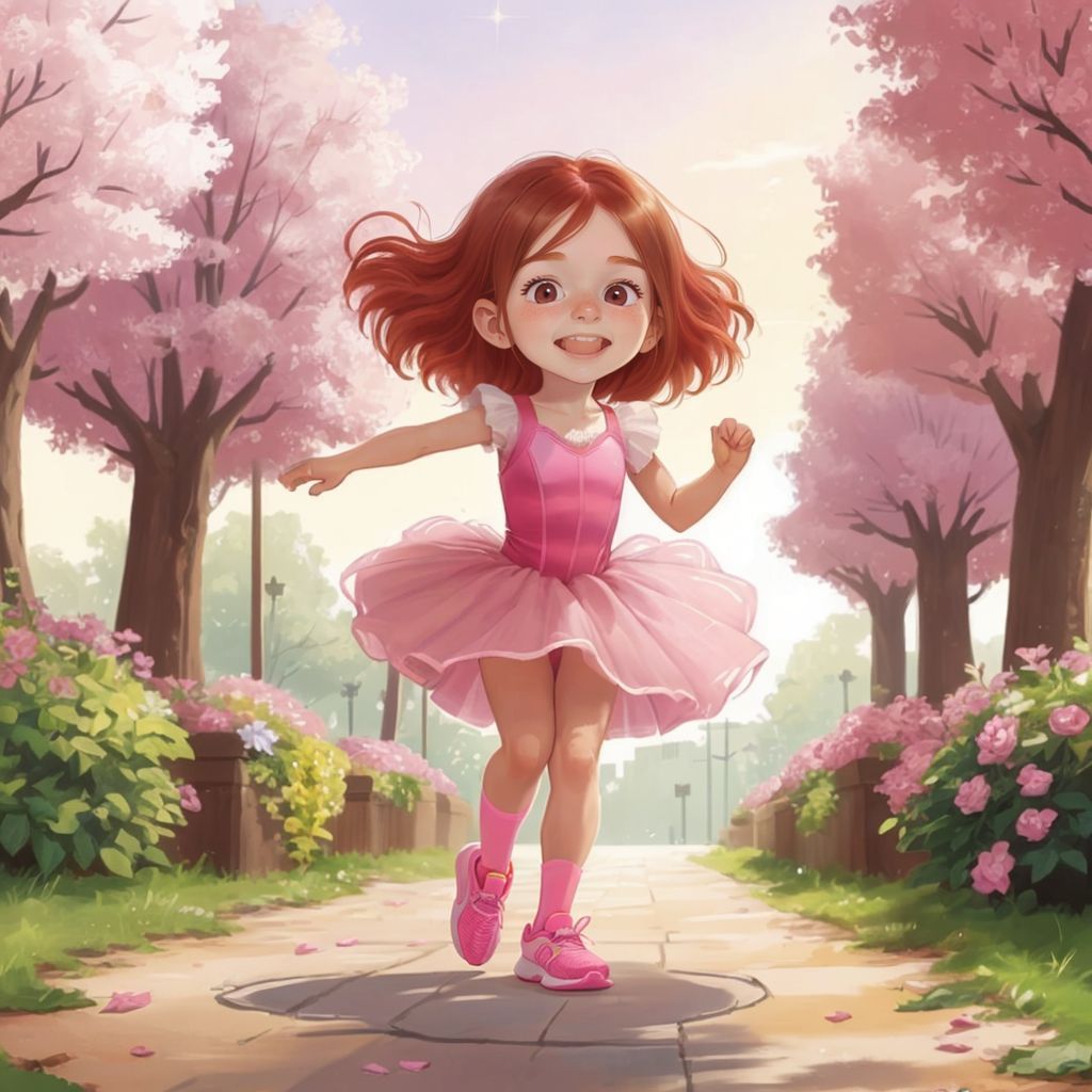Grace looking down at her sparkly pink running shoes with gratitude. The shoes sparkling brightly in the sunlight.