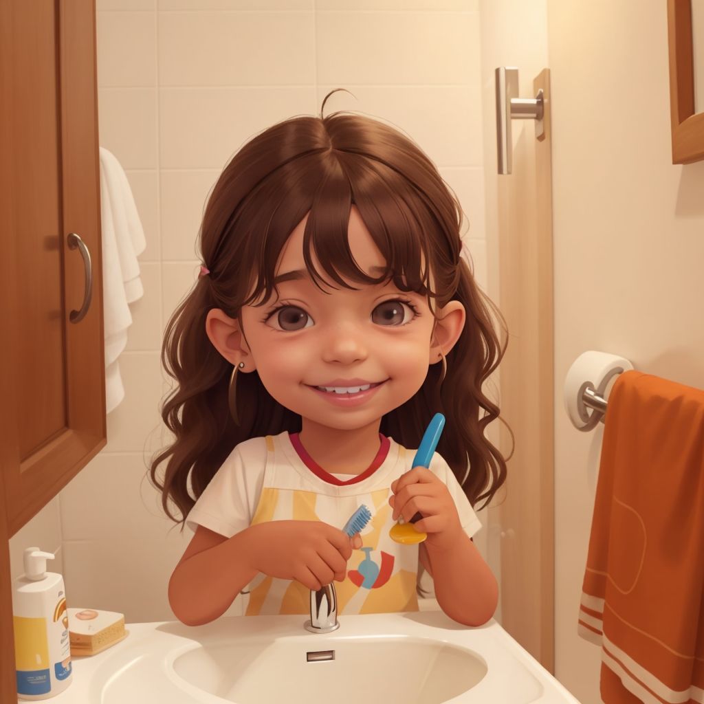 Carmelina brushing her teeth in the bathroom, looking surprised and worried with a fallen tooth in her hand
