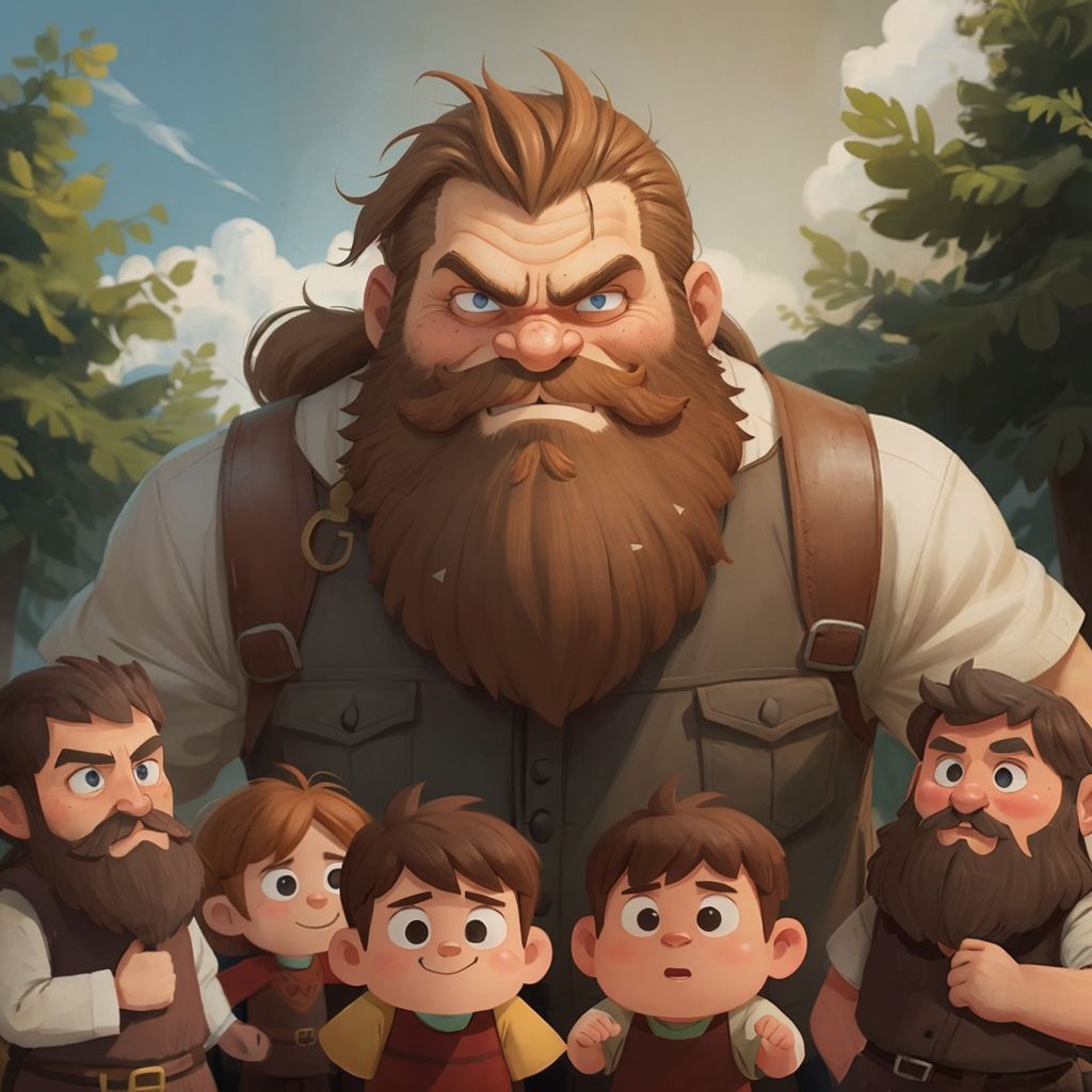 Grumpy the Giant smiling, surrounded by villagers who are now his family