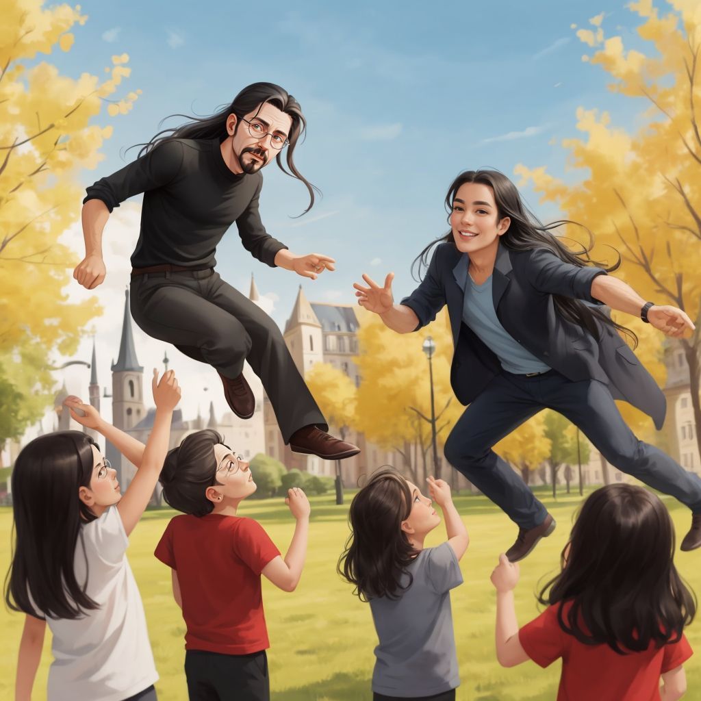 Newton Uncle happily explaining gravity to a group of excited children in the park