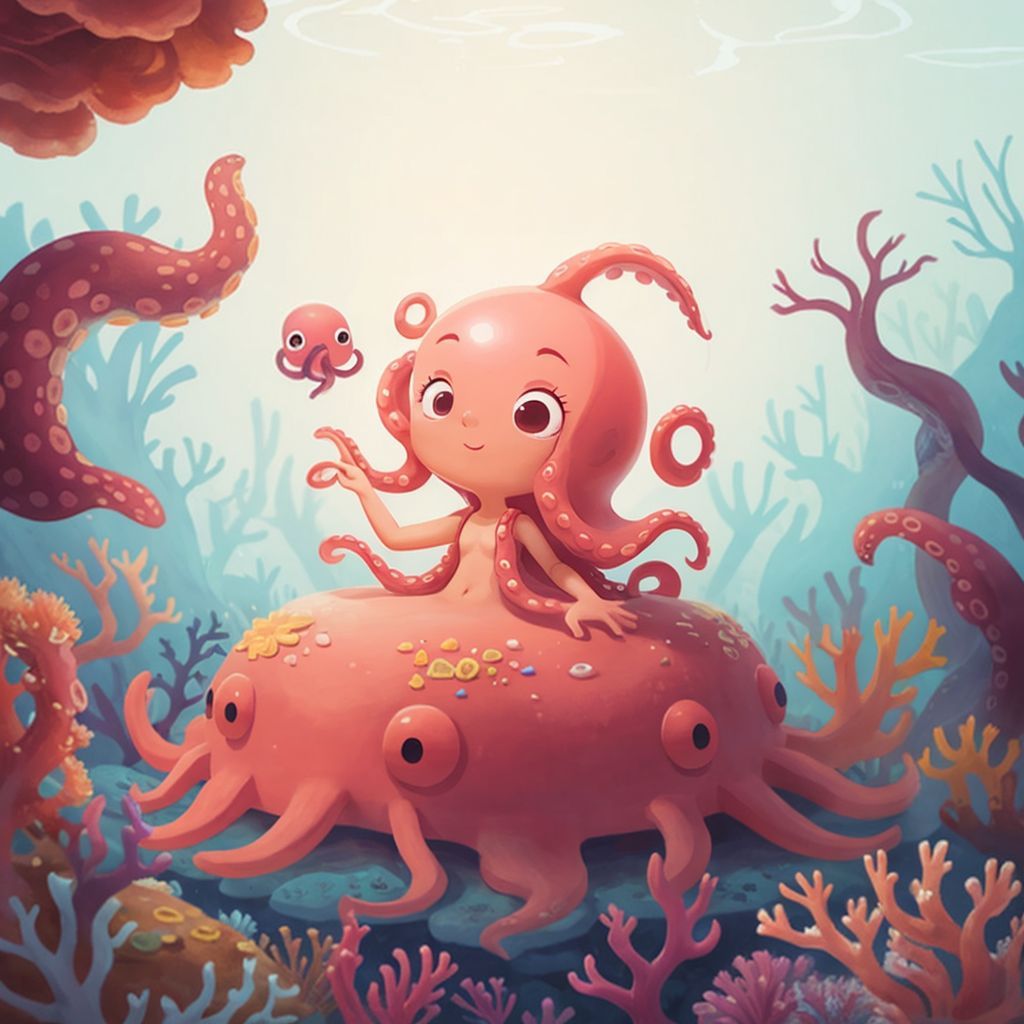 Octavia the octopus swimming gracefully over a colorful coral reef