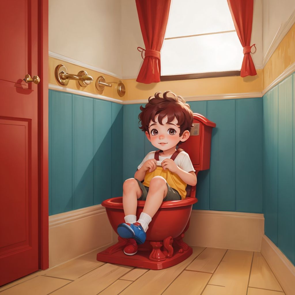 Sam sitting on a bright red potty next to a regular white toilet in the bathroom, shorts pulled down to his ankles with a curious expression, bathroom in the background