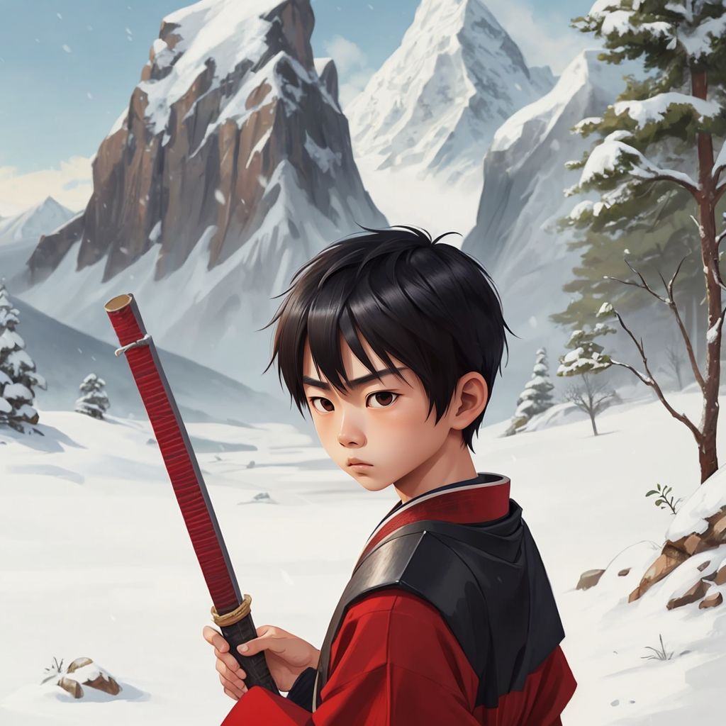 Kaïto in snowy mountains listening with attention to an old man with white hair, goatee and hat