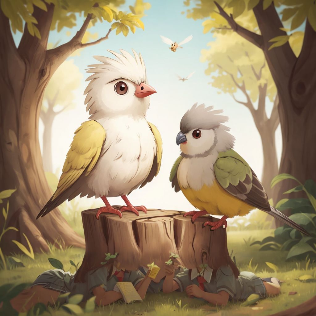 Birdman and a cockatiel performing a musical duet on stage, a school audience clapping
