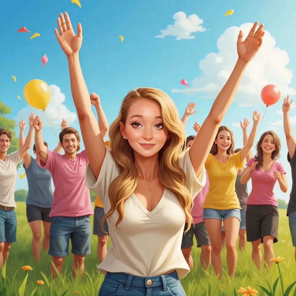 Claudia and friends celebrating with joyful cheers under the sun