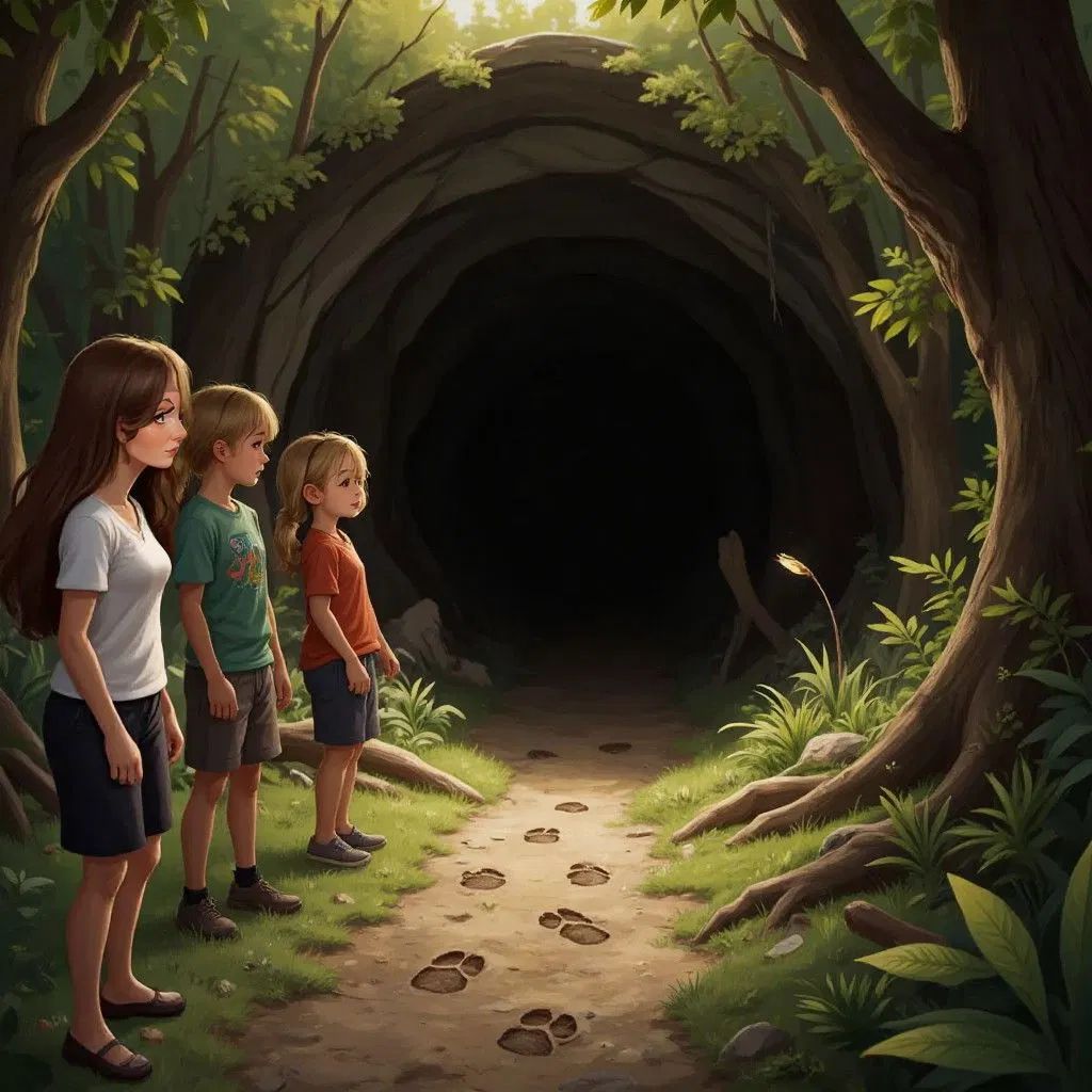 A trail of unusual footprints leading to a dark cave entrance, Claudia and friends looking curious