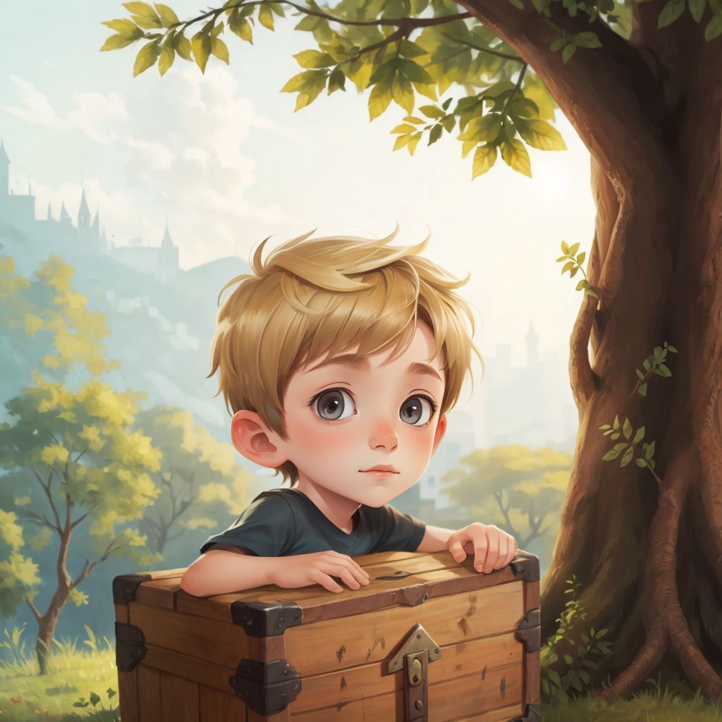Joe opening an old chest under a tree, looking surprised and happy