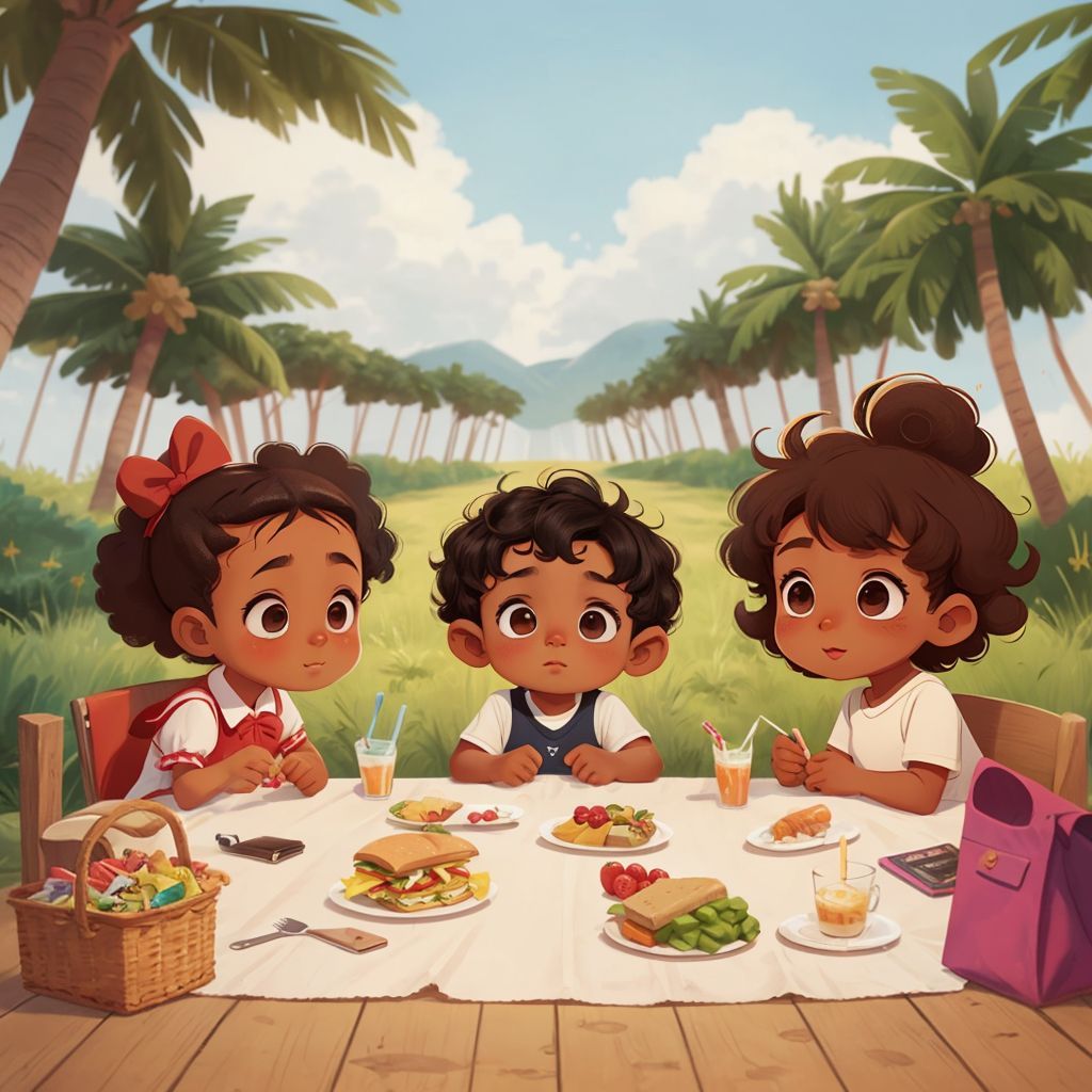 Mommy, Lina, and Lennox having a picnic under a palm tree, sandwiches and juice boxes visible