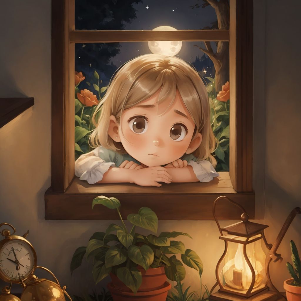 Luna peeking out of her bedroom window at night, with a curious expression on her face. A moonlit garden is visible outside.