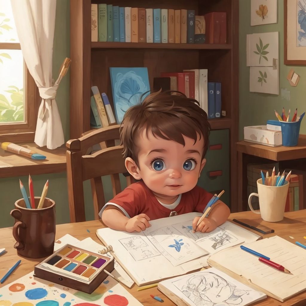 John Jr drawing a picture of the Mayflower, surrounded by art supplies