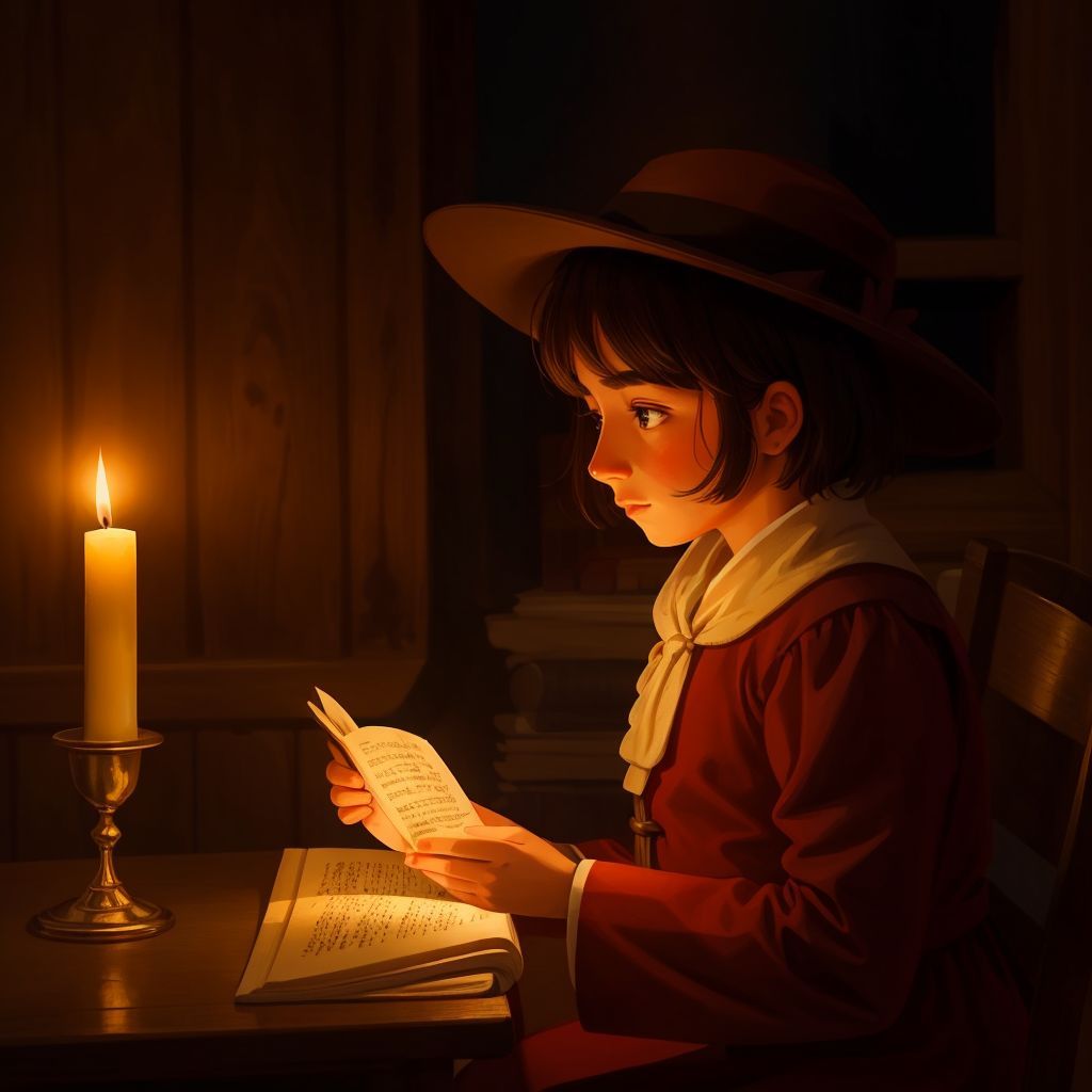 A Pilgrim reading by candlelight in the dimly lit interior of the Mayflower
