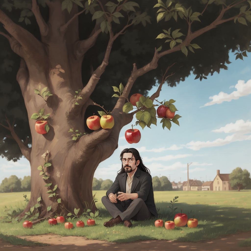 Newton Uncle readinng a book under an apple tree, looking curious as an apple falls on his head