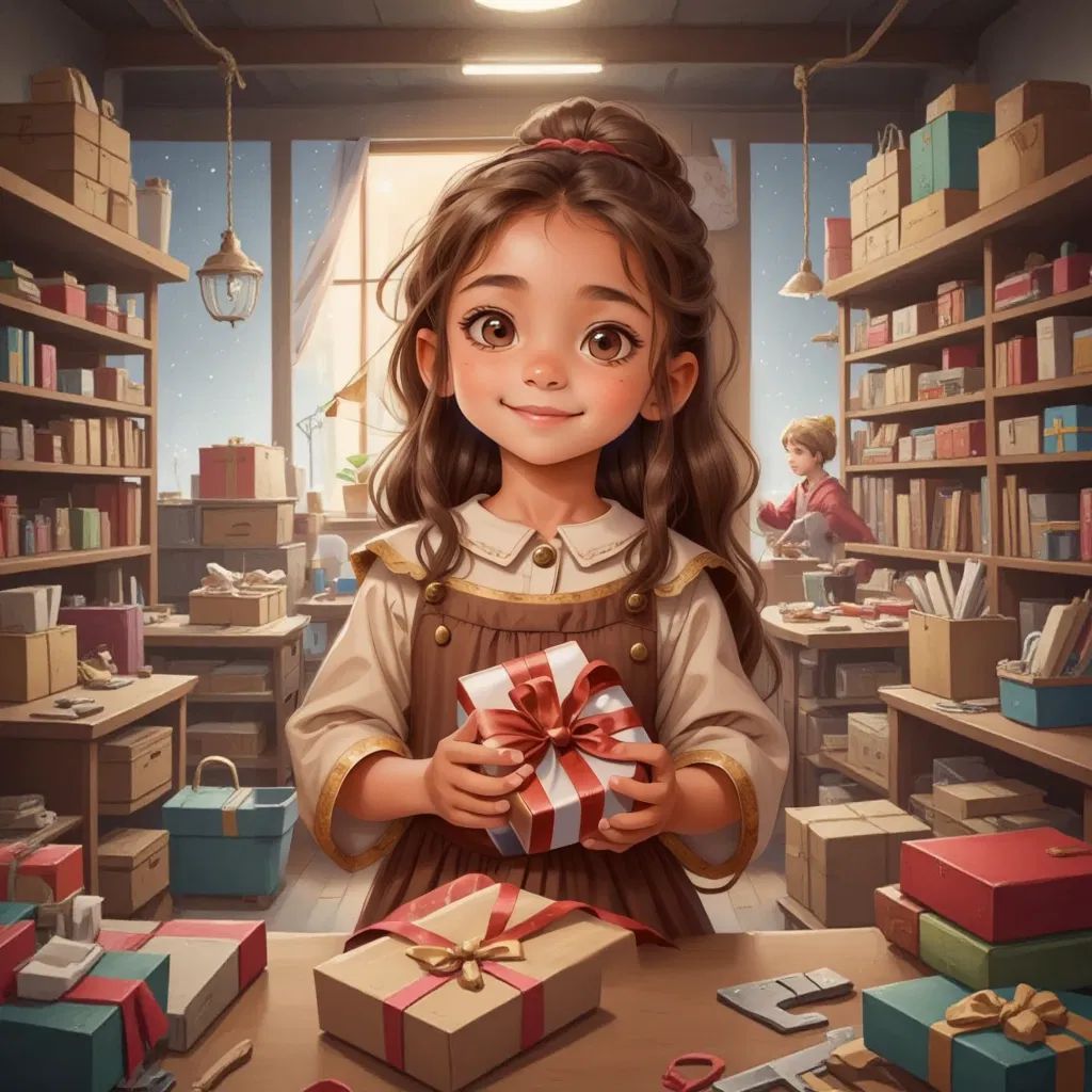 Sarah wrapping a gift.in the background a large space, many tools in the Santa's factory/workshop.
