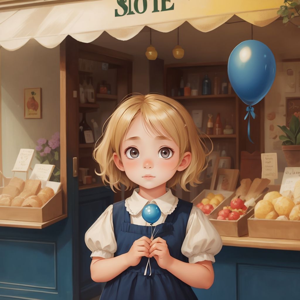 Emma standing in front of a little shop with a sparkling blue balloon in the window