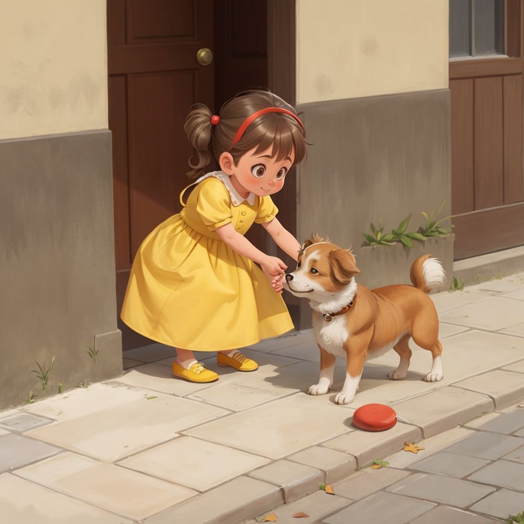 Rita in a bright yellow dress, looking back at Reksis who is wagging his tail and pushing the puck with his nose, cobblestone street in the background.