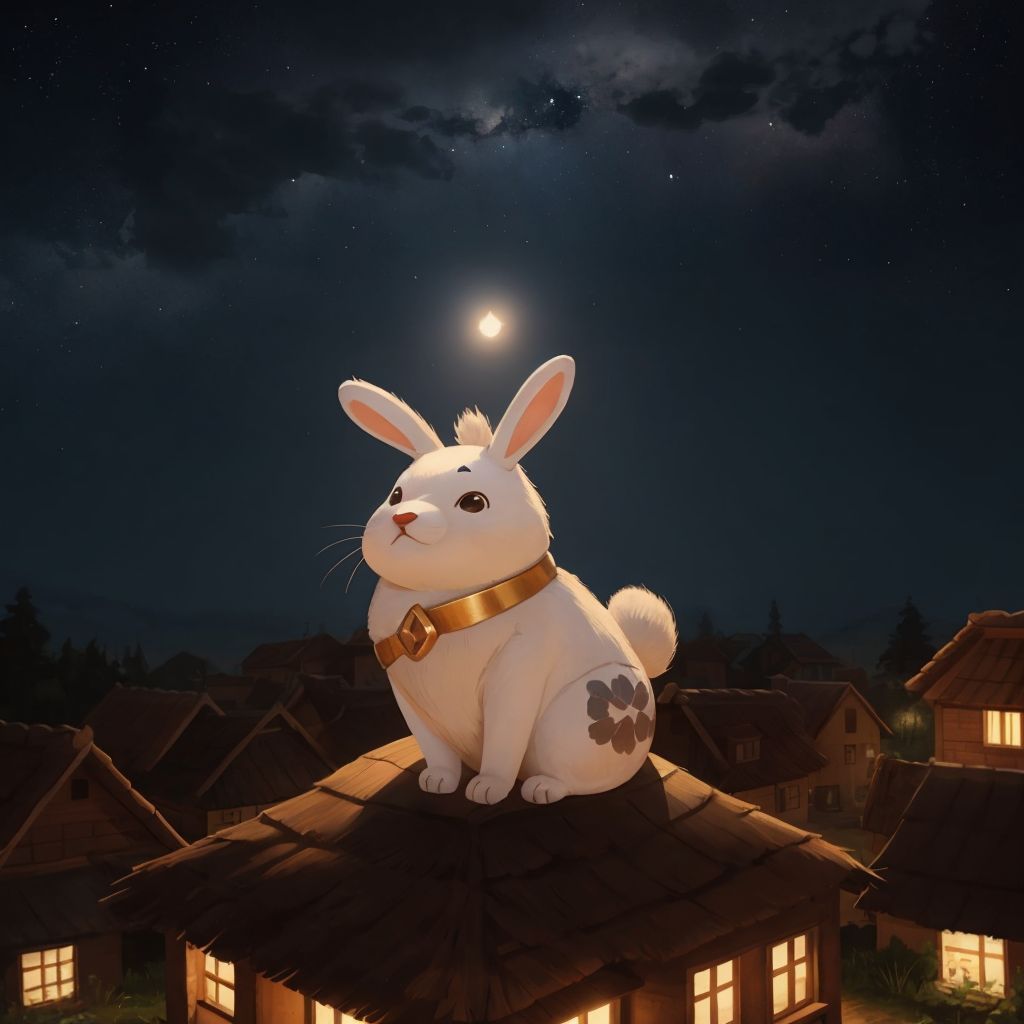 Minik, a small white rabbit, looking up at the night sky with a puzzled expression. Stars twinkling above in a quiet village setting.