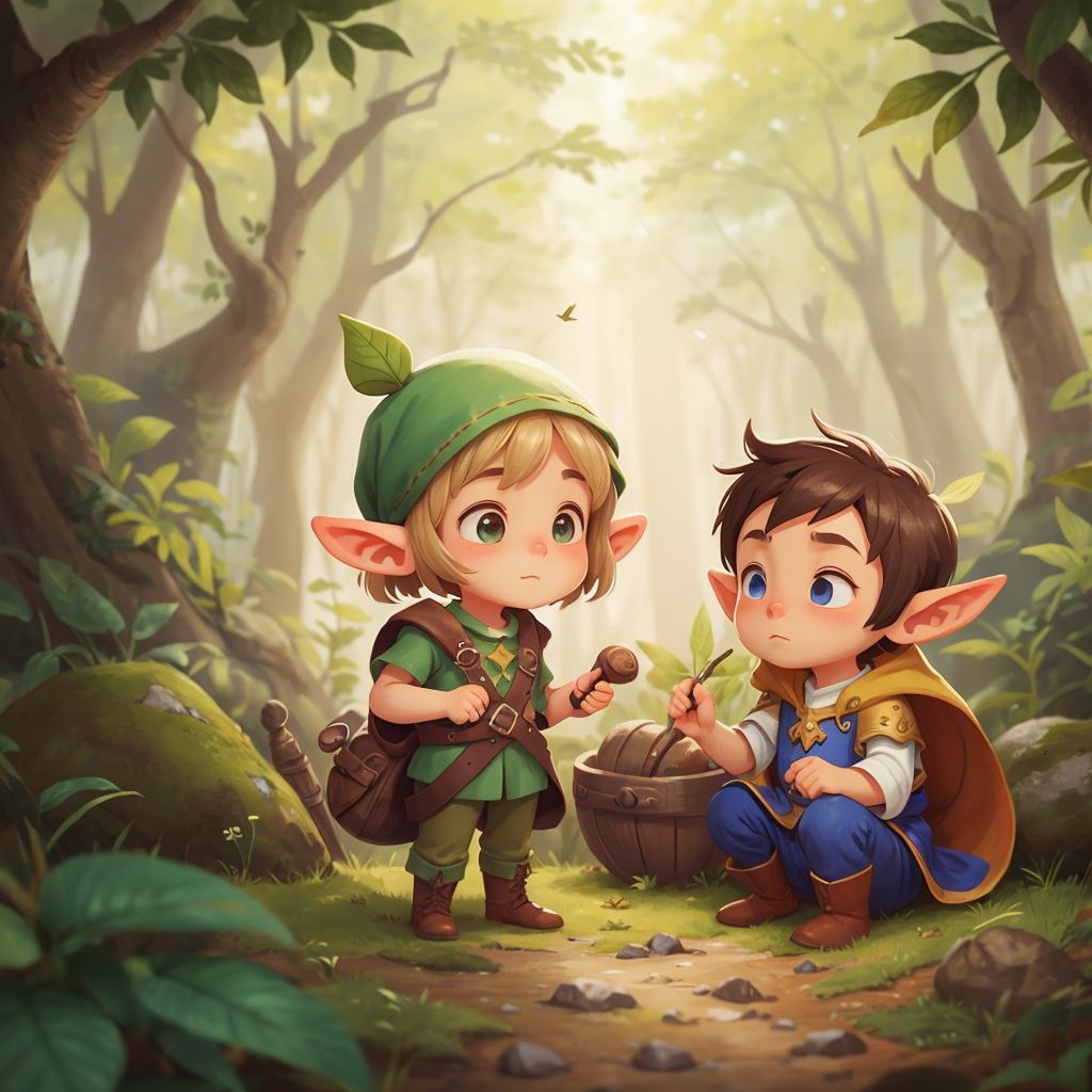 Ellie and Pip standing in a lush green forest, with Ellie whispering an idea to Pip