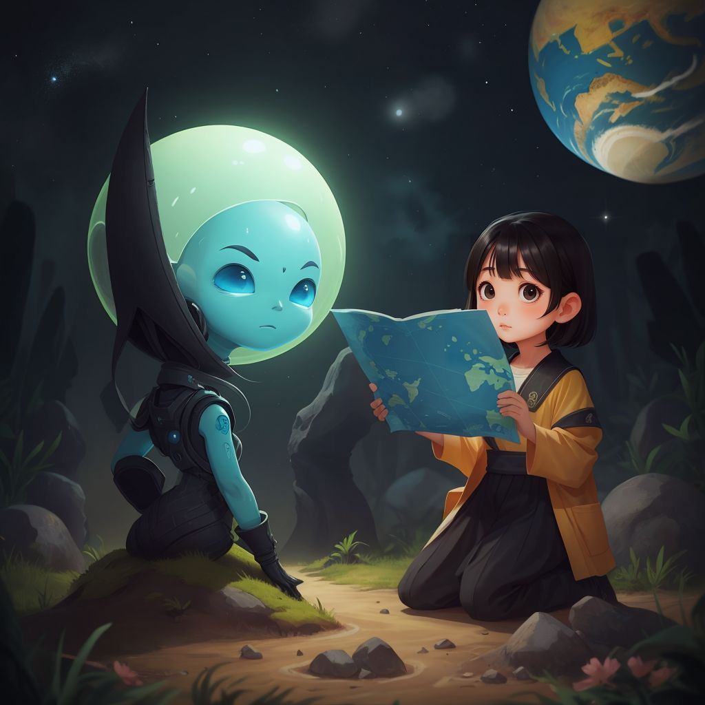 Alien d48 showing a glowing map to Mahi, with stars and planets in the background