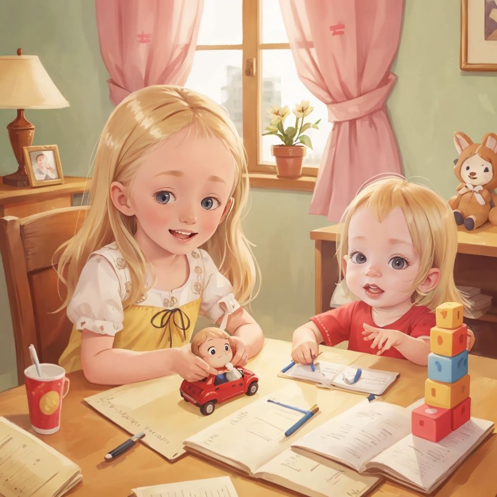 Willow showing Rori her favorite toy with a big smile, while Lilli builds a tower with blocks in the background