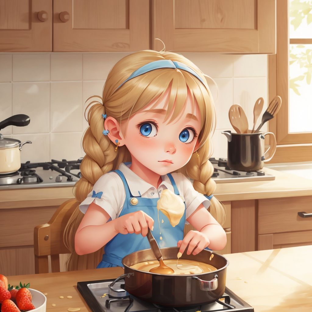Nika pouring pancake batter into a hot pan, with a focused expression.