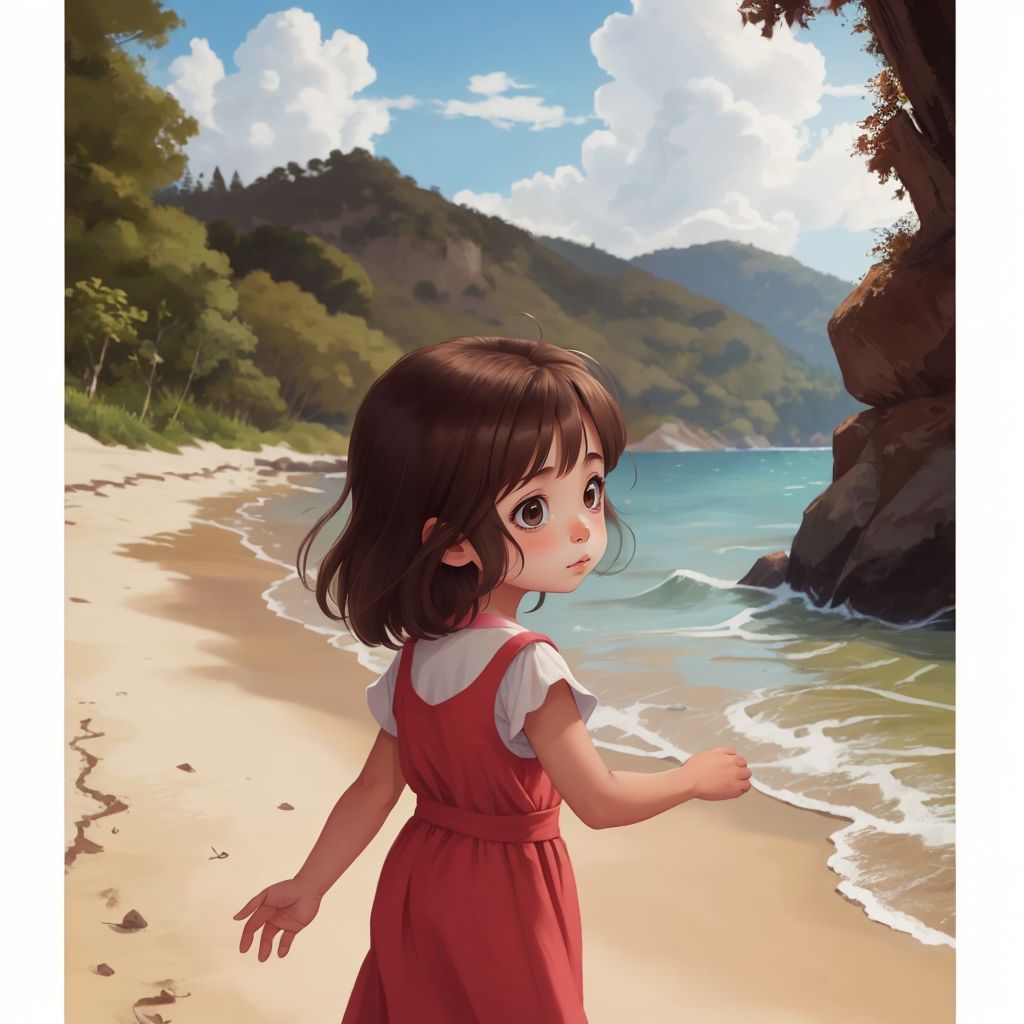 Talia walking along the shore, following a soft melody with a look of wonder on her face