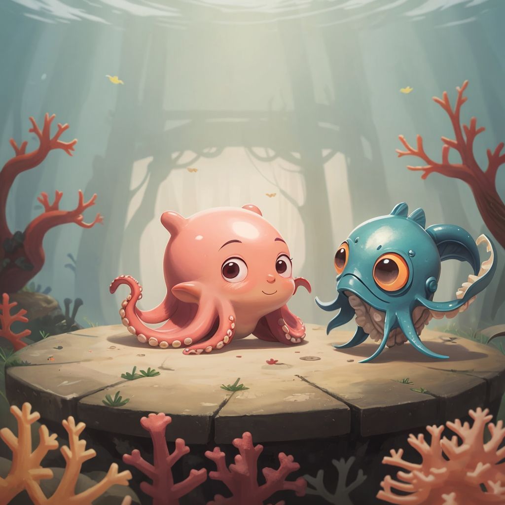 Octavia and Ollie playing hide-and-seek among coral mazes, Octavia with a bashful grin
