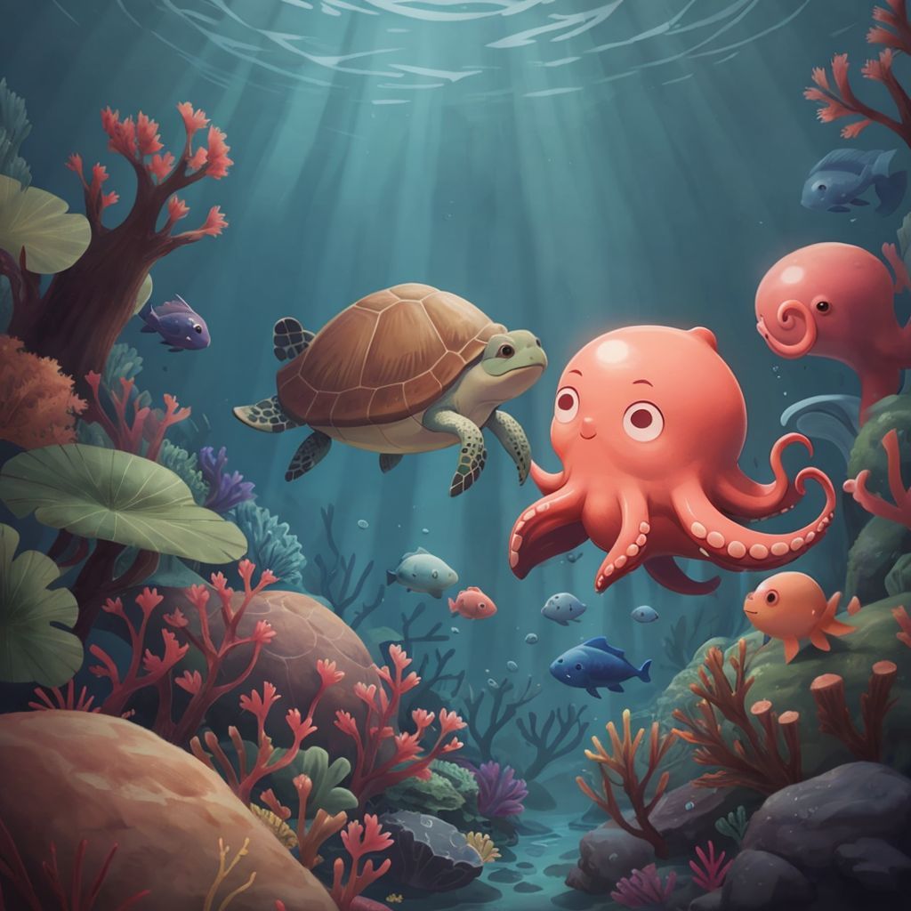 Nelly the turtle sharing wisdom with Octavia, both in a serene underwater setting
