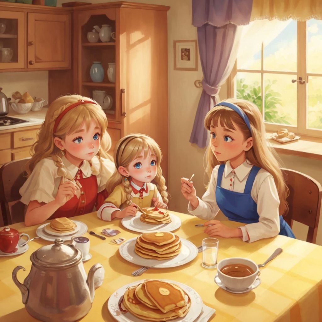 Nika serving pancakes to her grandparents, Olga and Gudzha, who are smiling in delight.
