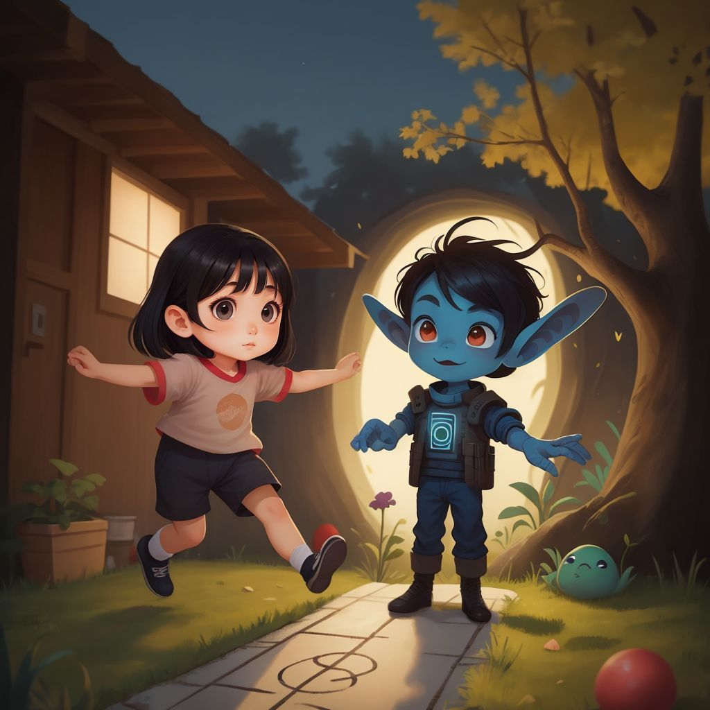 Mahi and Alien s37 playing hopscotch in the backyard, both smiling and laughing
