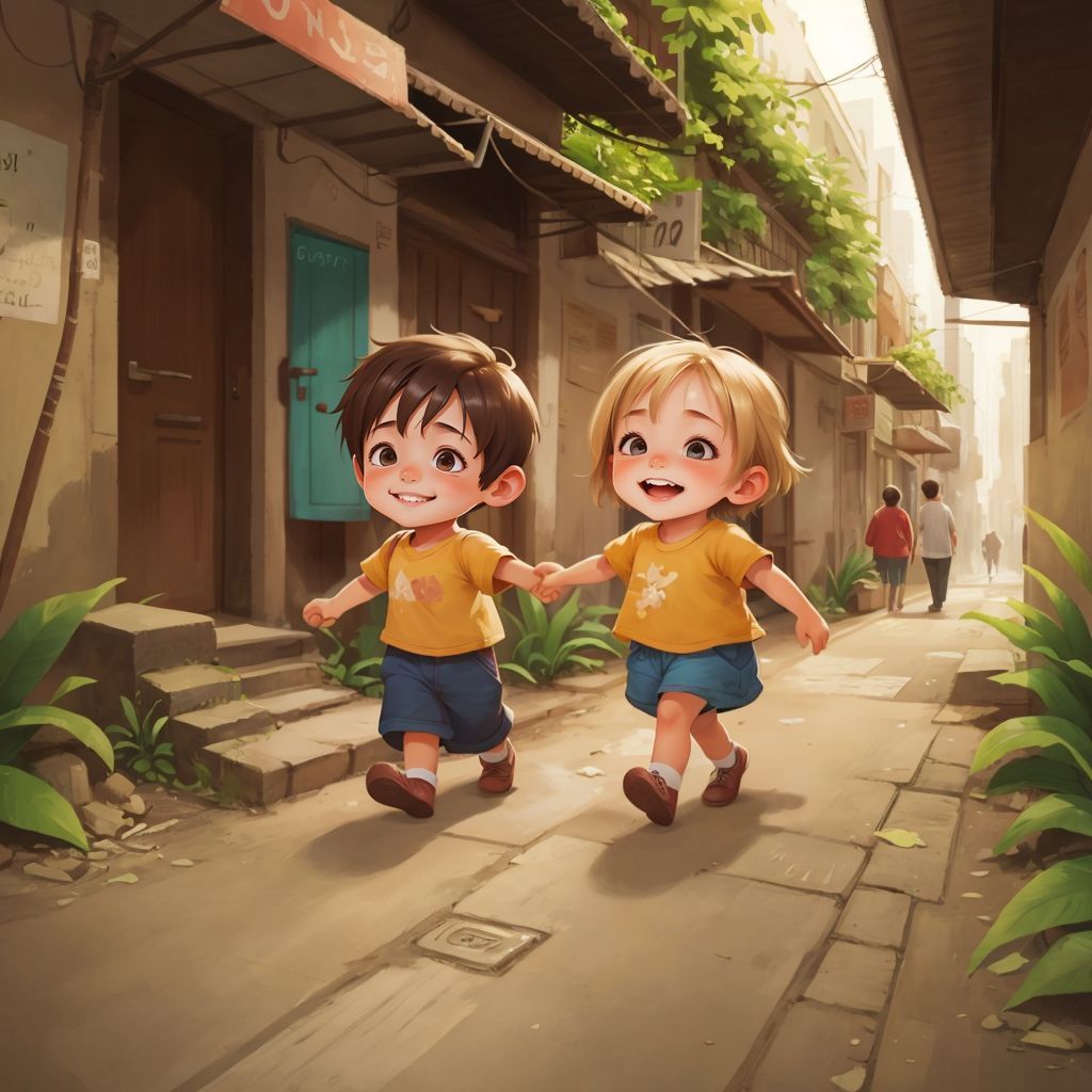 Osh and Ish holding hands, walking through a buzzing city.