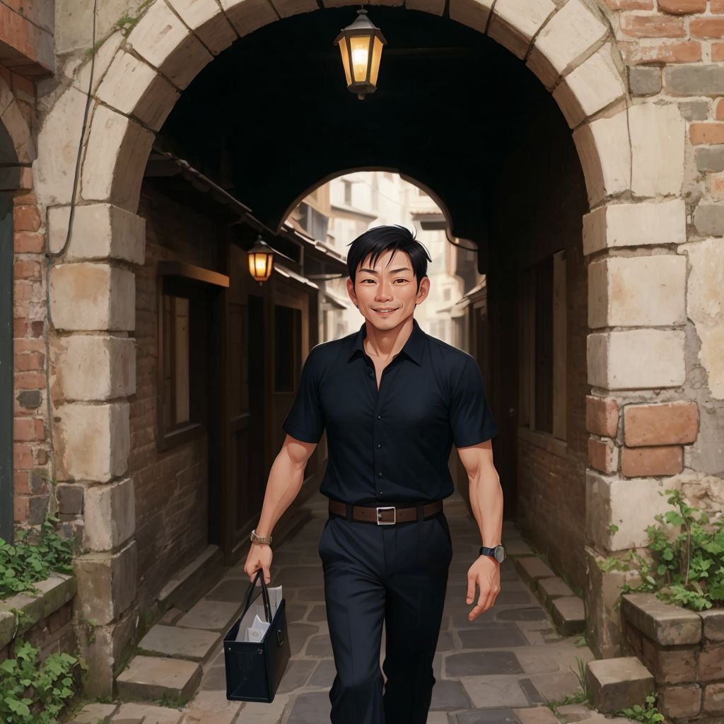 青年鄧 exploring an old walled village, with ancient brick walls and narrow gates.