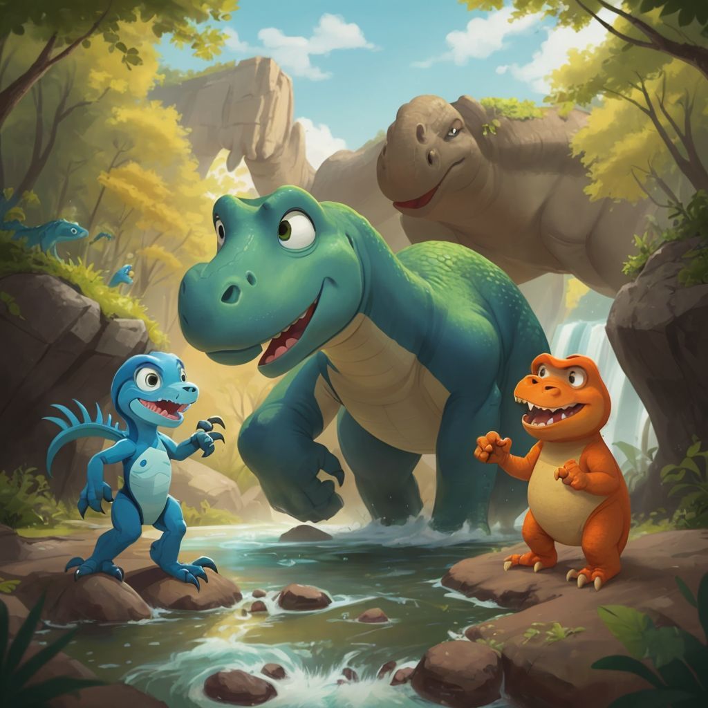 Arlo the Apatosaurus smiling with confidence, splashing through the river. Buck the Velociraptor and Max the T-Rex cheering on the riverbank