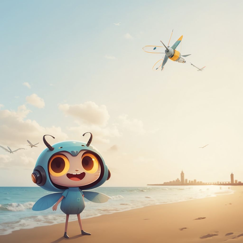 Groog standing on the beach with wide eyes and wiggling antennae, looking at the sea and seagulls.