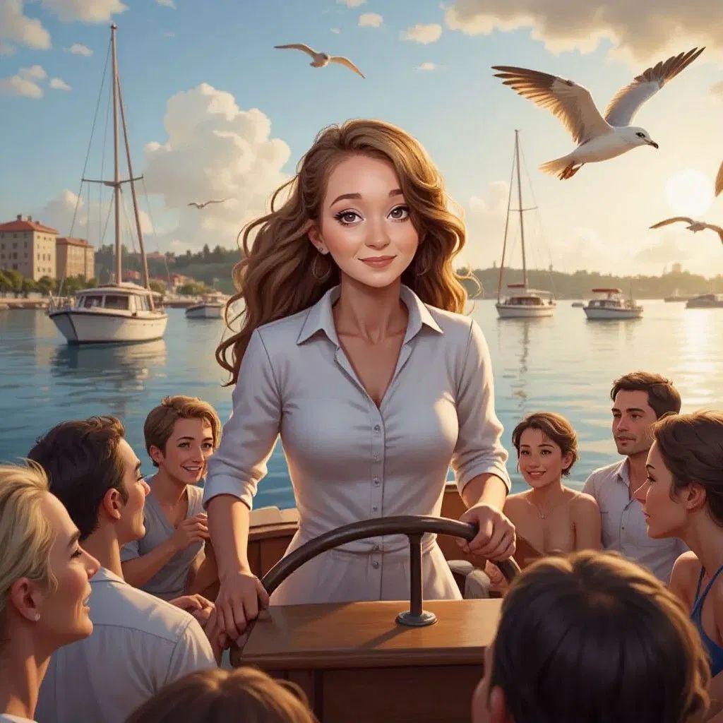 A small boat sailing back to the harbor, Claudia and friends looking proud
