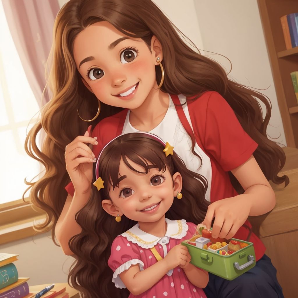 Carmelina tripping on her shoelace with her lunchbox falling, while an older student named Emma helps her up