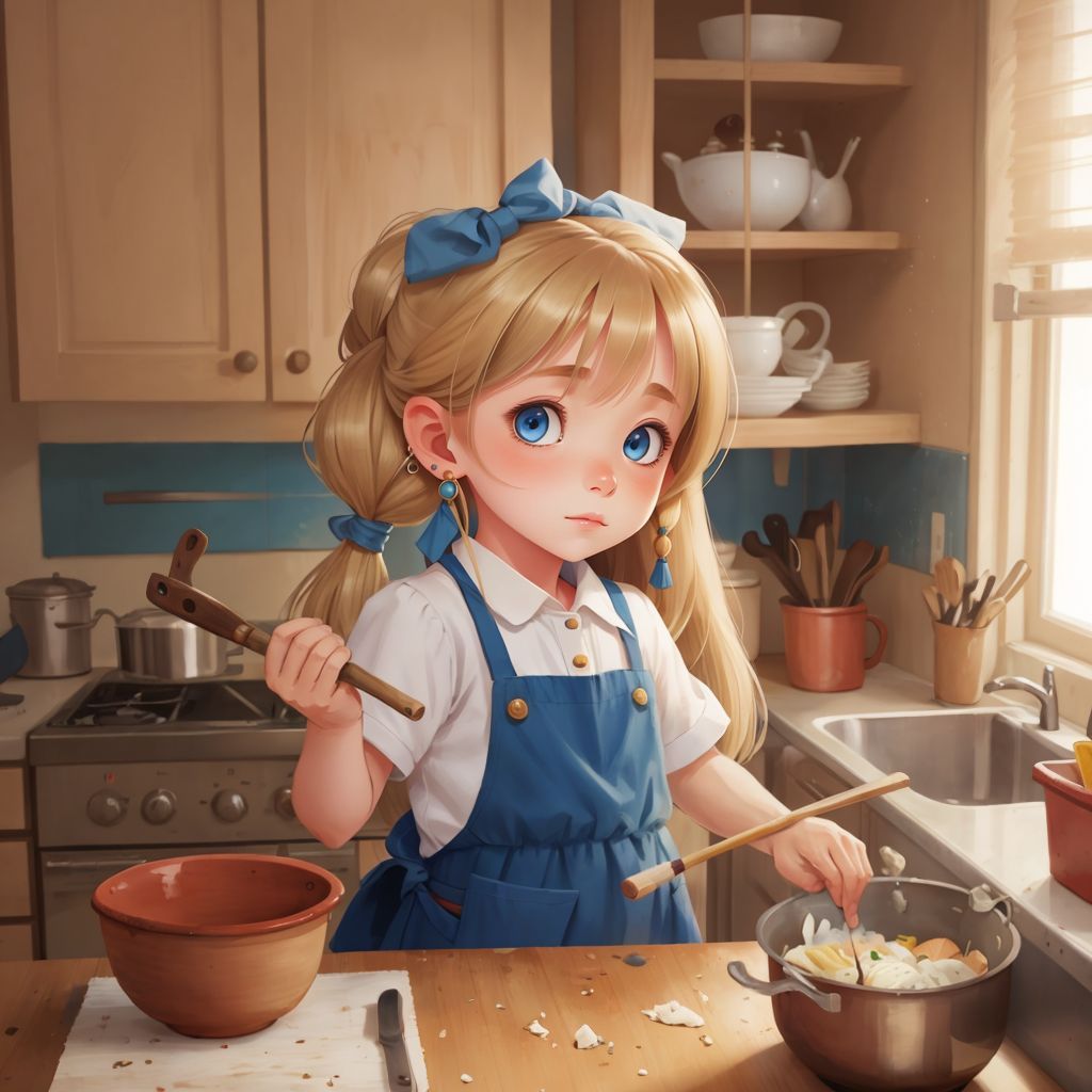 Nika looking around the messy kitchen, with dishes and batter everywhere.