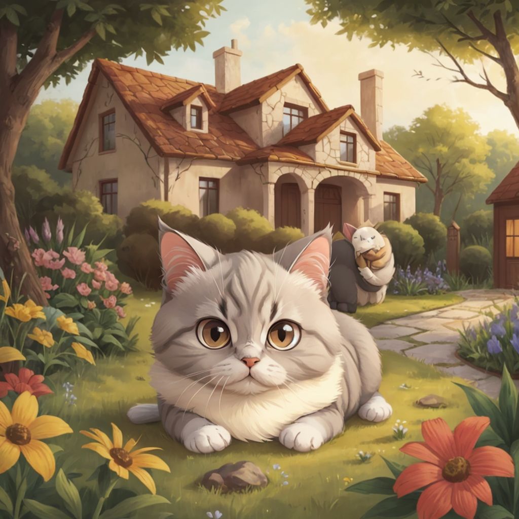 Kitty the cat playing in a garden with a cozy house visible in the background