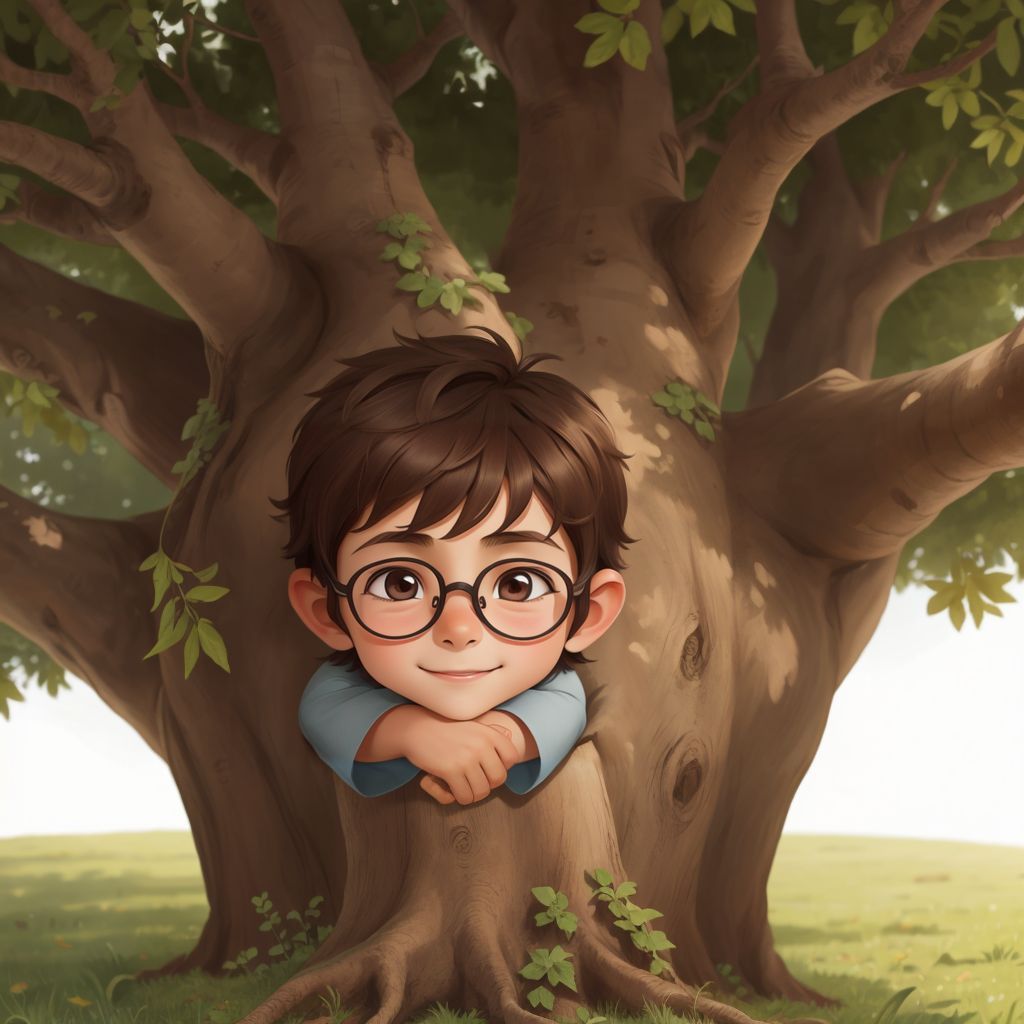 Leon hiding behind an old oak tree, looking anxious