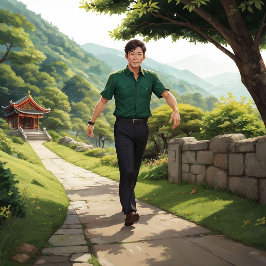 青年鄧 walking through the green hills of 龍躍頭, with the wind blowing through the leaves.