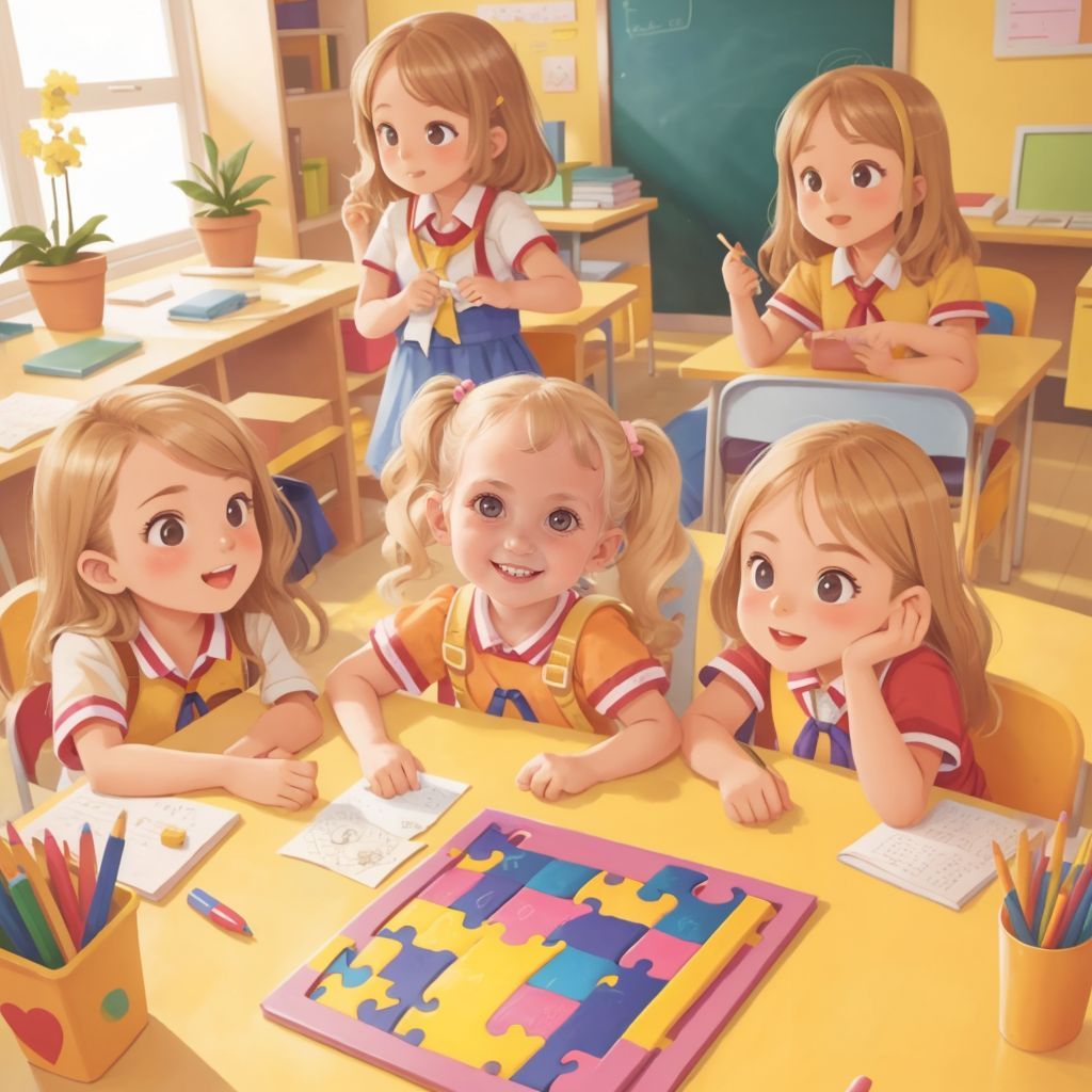Kensie and a few classmates working together on a puzzle in a colorful classroom, all smiling with pride