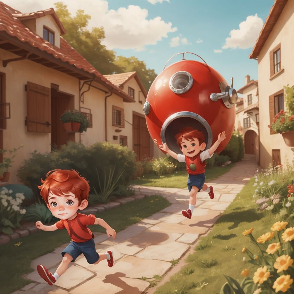 Ali running excitedly towards Groog's shiny flying saucer in his backyard
