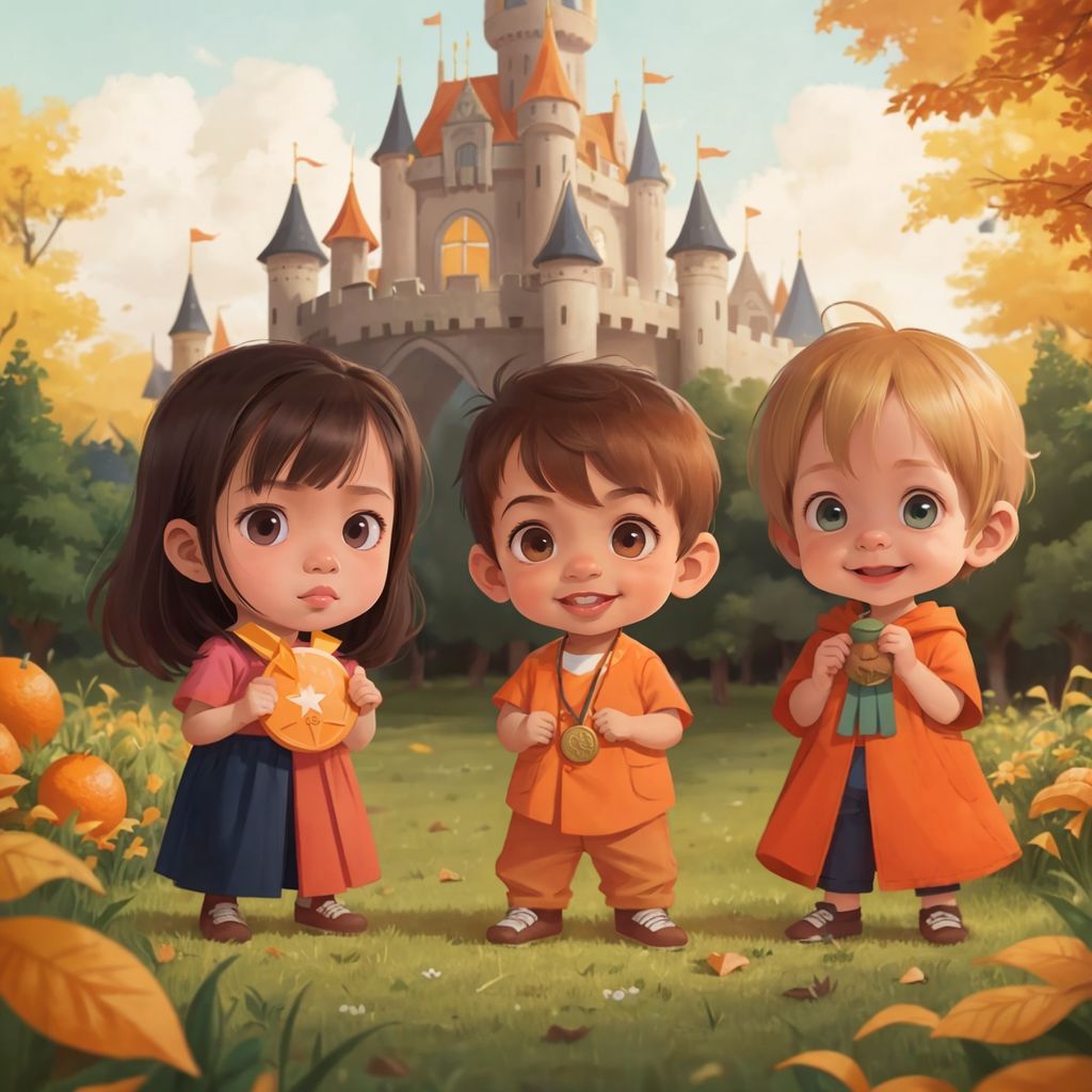 Elowyn, Ando, and Ewan all standing in front of an orange castle wearing big orange medals
