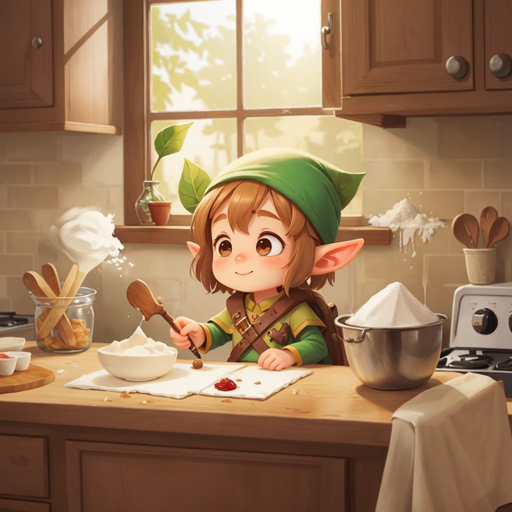 Ellie joyfully mixing ingredients in a magical kitchen, with flour and sugar around