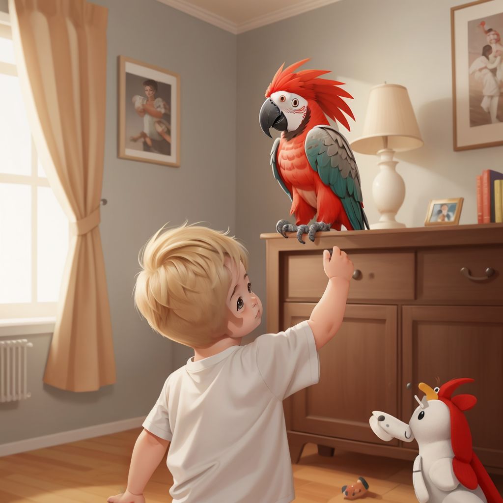 Jack the parrot flying around in the living room, with Efe giggling and reaching out to catch him. Curtains and toys are visible in the background.