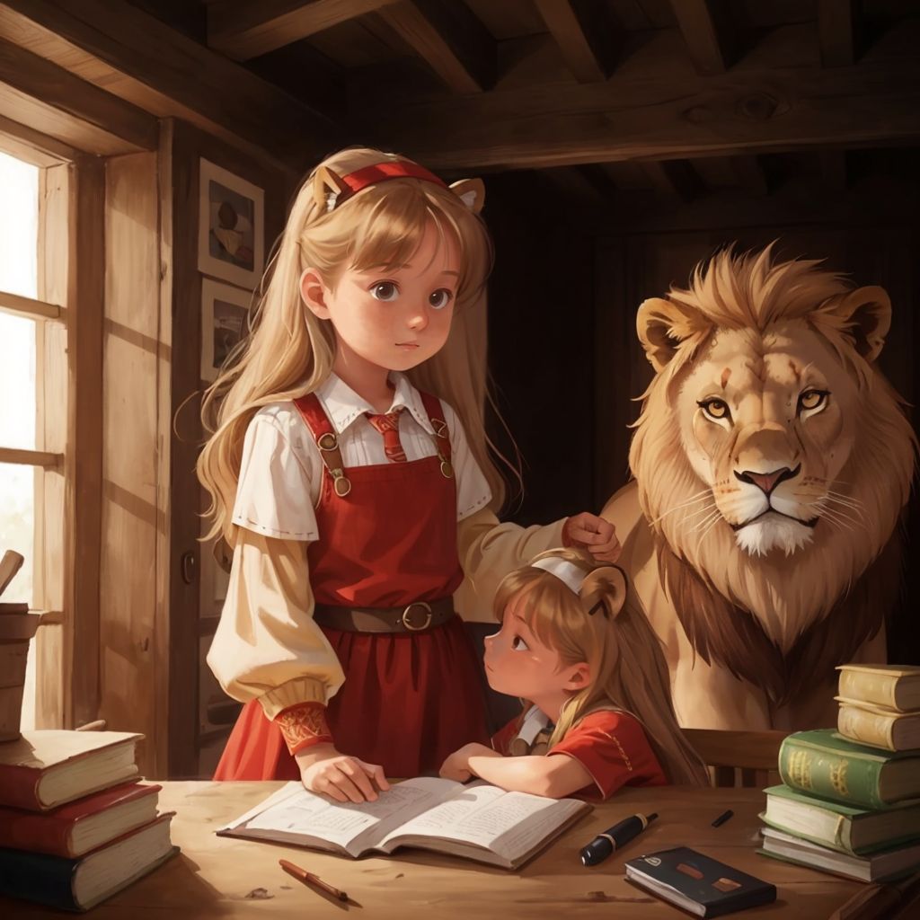 Trouble hiding behind Amanda as they look at a powerful and majestic lion.