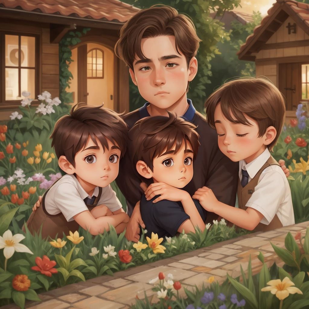 Jherry and Noah being warmly hugged by their grandparents, with a mysterious garden in the background