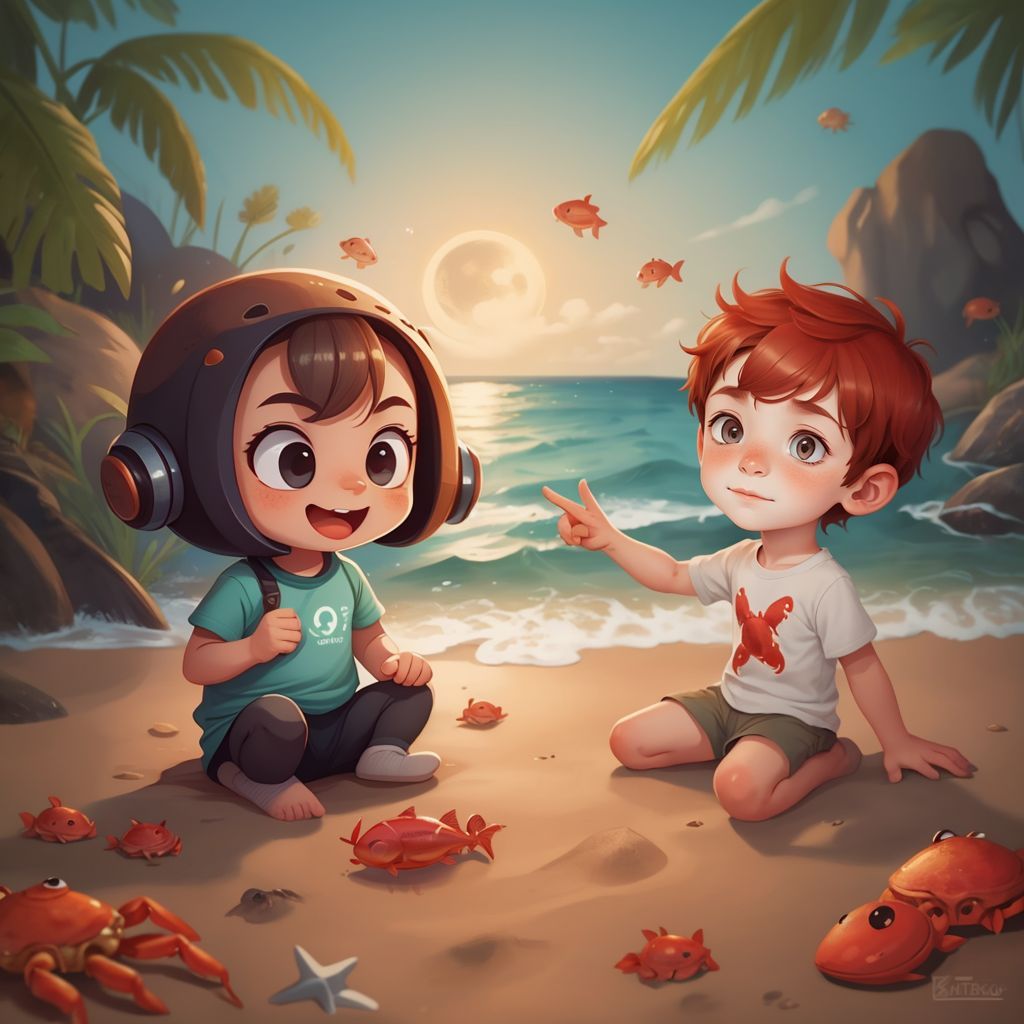 Groog pointing at crabs on the beach while Ali explains, with little fish swimming near the shore.
