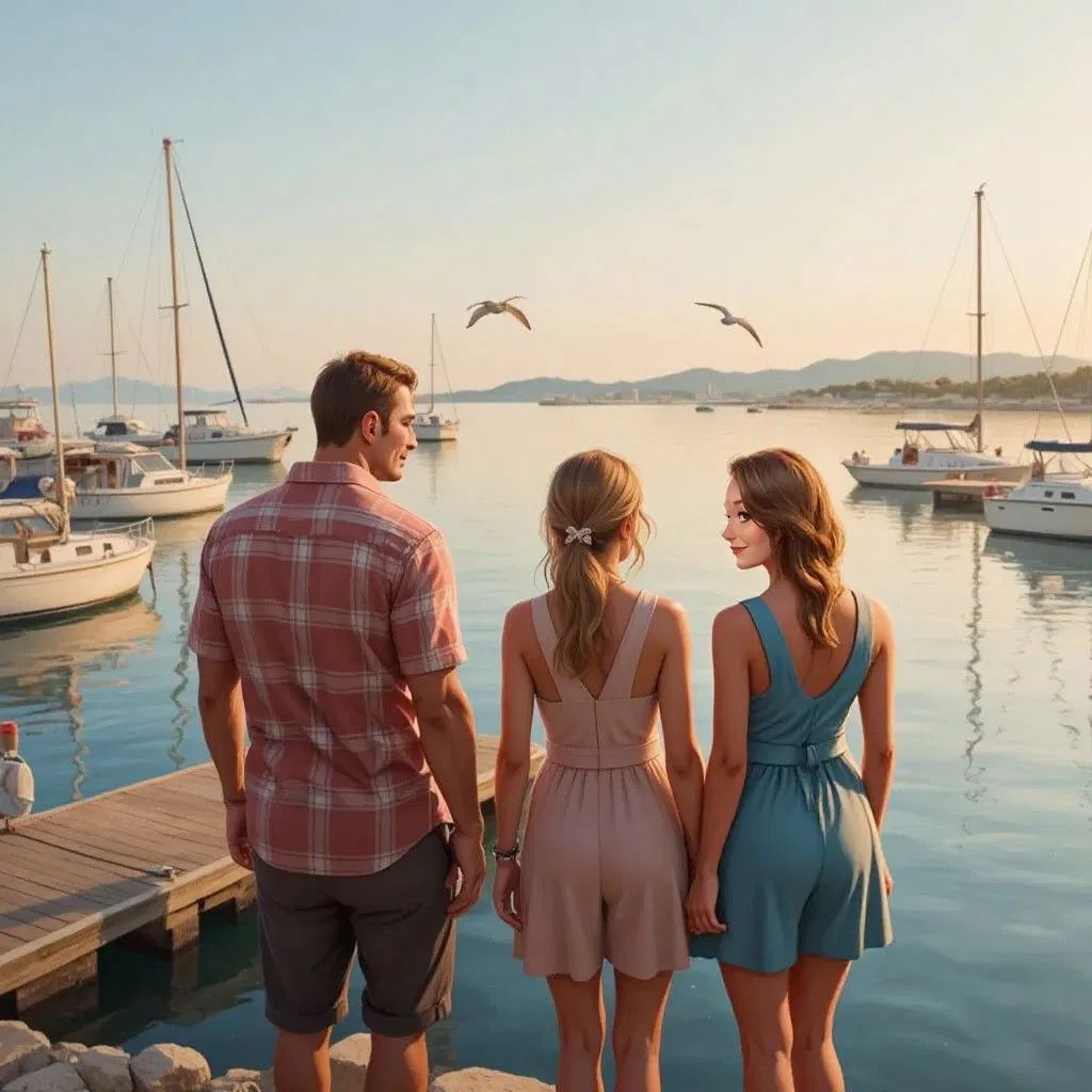 A quiet harbor with friendly boats, Claudia and friends looking relieved on the dock