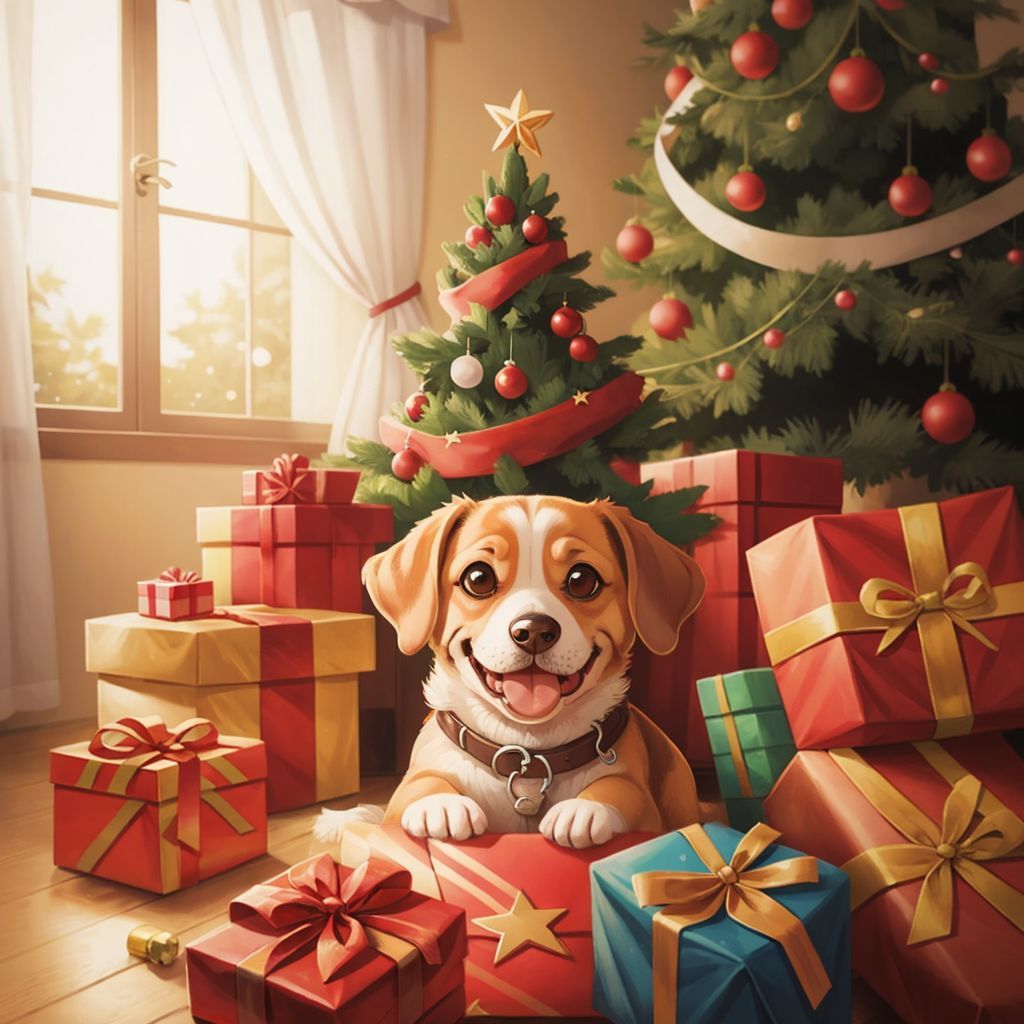 Johnny the dog with a joyful expression, sitting under a decorated Christmas tree surrounded by wrapped presents