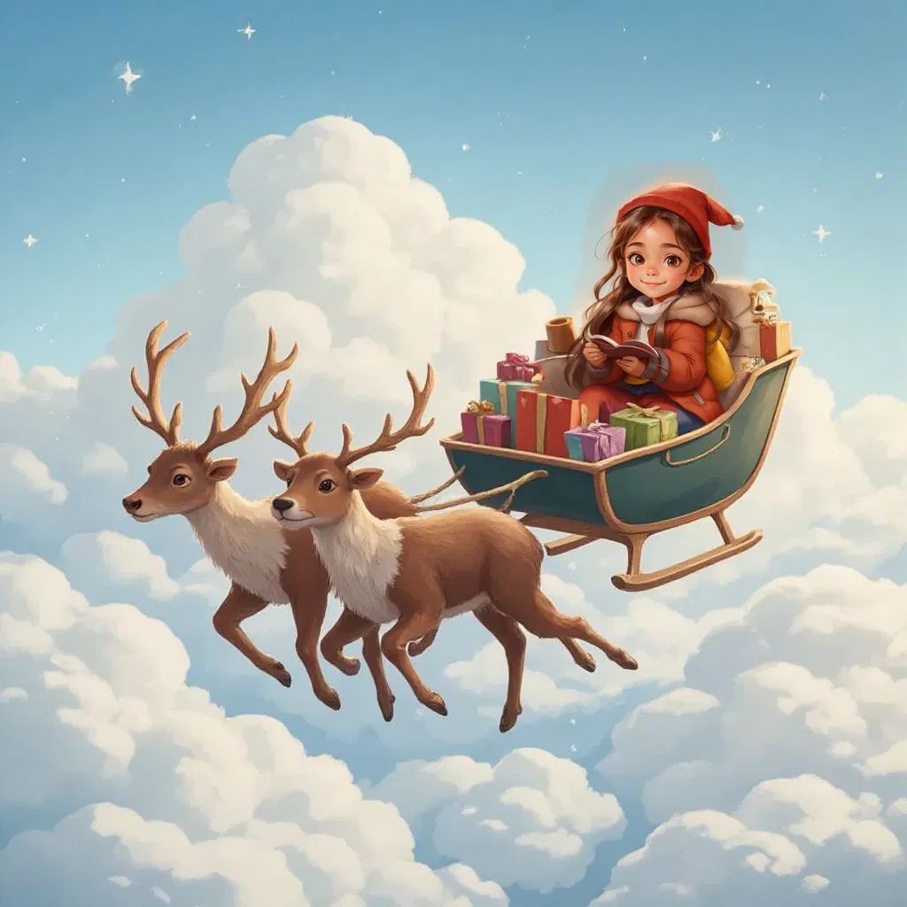 Sarah sitting on a flying sleigh pulled by a reindeers in the clouds in the sky. Sky in the background. The sleigh is full of presents.